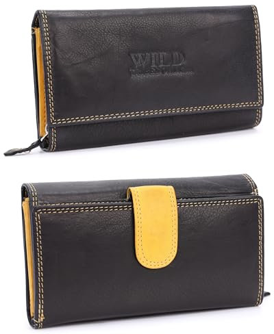 irisaa Damen Leder Wild Geldbörse, Portemonnaie Lang Geldbeutel,RFID Schutz 21 Kartenfächer, Brieftasche Groß, Vintage Design Used Look, Damen Tasche:Schwarz Gelb