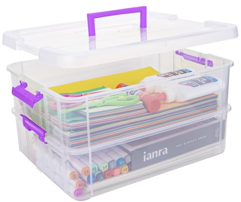 TERGOO 2 Layer Plastic Storage Containers with Lids, Multipurpose Clear Stack & Carry Box, Portable Craft Organizers and Storage Bin for Organizing Art & Craft, Sewing, Makeup, Nail Supplies (Purple)