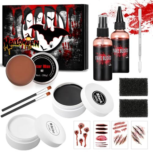 Halloween Make up Set, trucco viso halloween: 12 Colori vernice per il corpo viso+Cera per Cicatrici+Spatola per Make-up+Spray per Sangue Finto+Sangue Finto+spazzola+adesivo+spugna