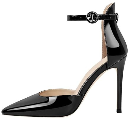 blingqueen Women's Ankle Strap Stiletto Heel Dress Pumps Court Shoes Buckle Pointed Toe High Heels Black Pumps Patent Leather Classic Women's Dressy Sexy Heel for Women Size 5