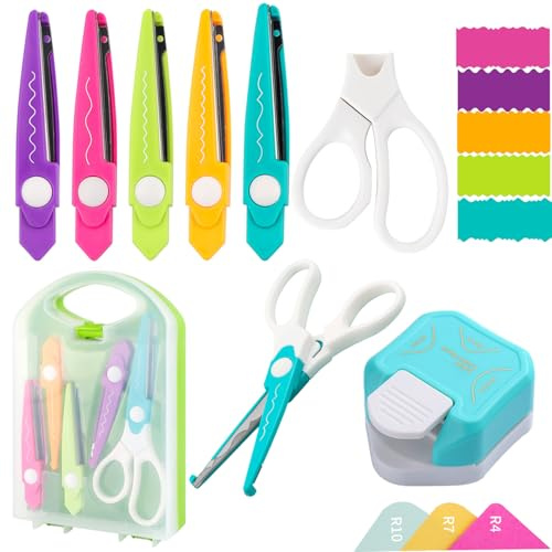Set di 7 forbici 3 in 1 per angoli arrotondati, perforatrici decorative per carta, con scatola portaoggetti, set di 5 tipi di forbici con bordi a zig-zag, per progetti fai da te, biglietti, foto,