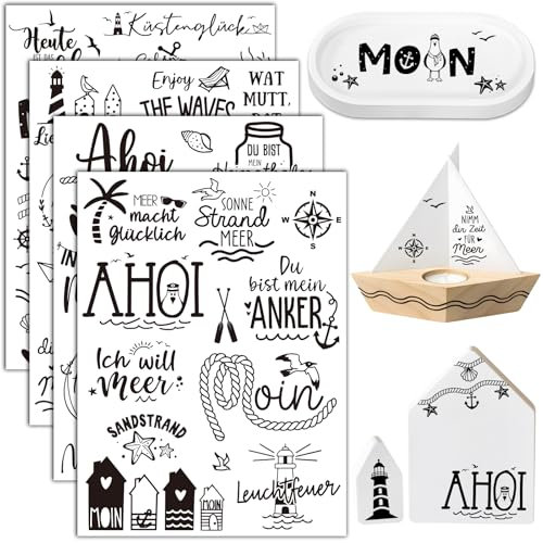 BOOMTOP 4 Blatt Rub On Sticker Maritim Transferaufkleber Meer Rub Ons Selbstklebend Ahoi Moin Maritime Sprüche Aufkleber Rub On Folie für Glas Holz Raysin Keramik Schwarz DIY Geschenkideen