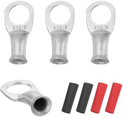 sourcing map 4pcs 8 AWG M10 Battery Lugs Ring Terminals, 3/8 10mm Stud Crimp Wire Terminal Connector End Copper, 3:1 Heat Shrink Tubing, Silver