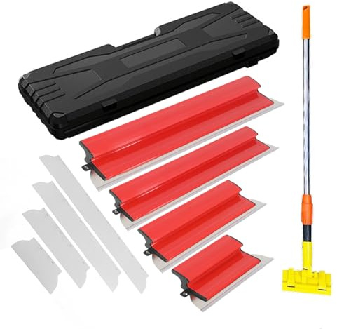 Set med ytspatel, 11 st spade (4 x verktyg och 4 x utbytbart blad av rostfritt stål och 1,2 m teleskopstång och bärlåda), ergonomiskt handtag, för putsning av väggar och tak, väggdekoration och