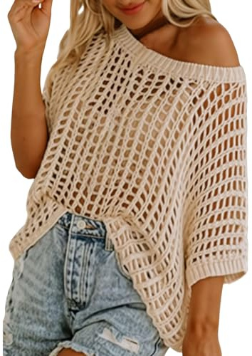 Crochet Tops for Women UK Sexy Hollow Out Off Shoulder Short Sleeve Jumper Casual Summer Knit Beach Cover Up Sweater Lightweight Oversized Baggy Pullover Tops