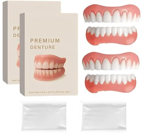 Kit de 2 Prótesis Dentales con Gel Adhesivo - Superior e Inferior, Silicona Suave, Realista, Ajustable, Incl. 10g de Gel, Listo para Usar