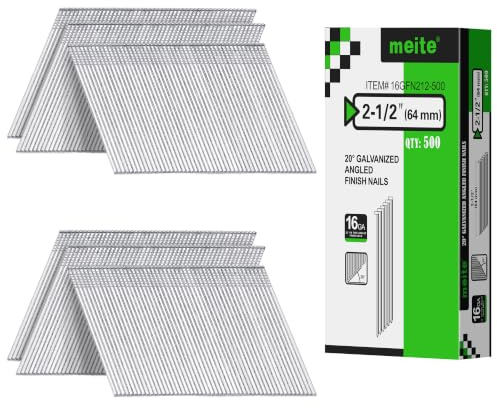meite Vinklade huvudspikar, 16 g/64 mm, 20 graders galvaniserade – vinklade spikar för tryckluftspikar, perfekt för fönsterramar, möbelkonstruktion och gör-det-själv-projekt (500 stycken)