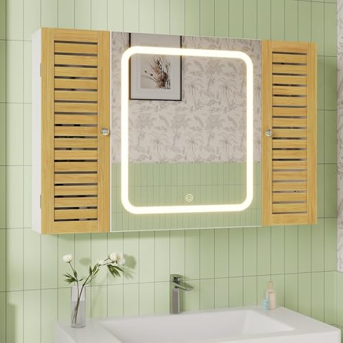 FORABAMB Specchio Bagno Contenitore 90x17x60cm, Specchio Bagno con Luce LED Regolabile e Stazione di Ricarica, Mobiletto Bagno Sospeso con Specchio ad Alta Definizione e Mensole Regolabili, Bianco