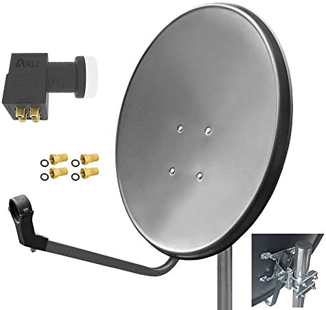 60cm HD Sat Anlage Quad LNB + 4 F-Stecker Digital 4 Teilnehmer Antenne Grau UHD 4K