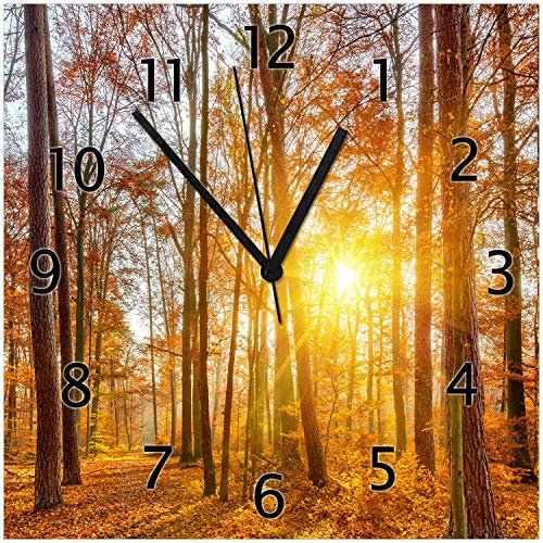 Wallario Design-Wanduhr Sonnenuntergang im herbstlichen Wald aus Glas, Motiv-Uhr Größe 30 x 30 cm, Schwarze Zeiger