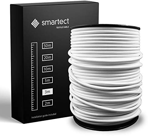 smartect Textilkabel Weiß, 3 Meter Vintage Lampenkabel Stoff, 3-Adrig (3 x 0.75 mm²) Stromkabel Textilummantelt für eigenes DIY Projekt