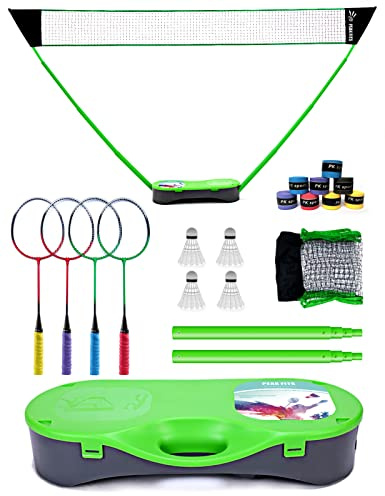 Peak Fits Portable Badminton Net Set,Folding Volleyball Badminton Net,4 Professional Graphite Badminton Racket,8 Racket Grip Tape,4 Shuttlecocks,Family Game,Backyard Sports