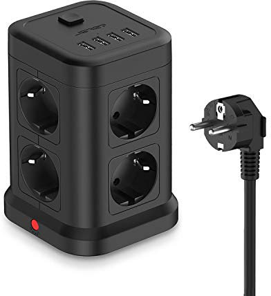 JSVER Steckdosenleiste USB 8 Fach Steckdosenturm(16A) Mehrfachsteckdose mit 4 USB(17W) mit Schalter verteilersteckdose für Büro, zu Hause oder auf Reisen 2m Kabel - Schwarz