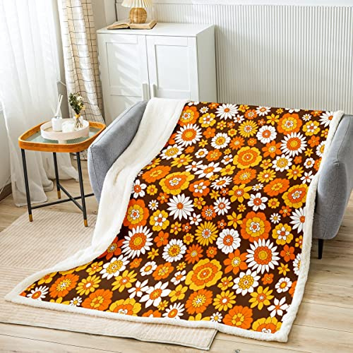 Homewish Throw Blanket 50x60, Boho Floral Sherpa Blanket | Groovy Hippie Flowers Power Plush Throw for Bed Couch, Vintage Colorful Flannel Blanket, Retro Bohemian Decor