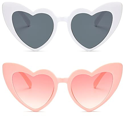 WanderGo Heart Shaped Sunglasses, 2 Pack Womens UV400 Protection, Retro Heart Glasses for Driving/Shopping/Travelling/Cycling (White+Pink)