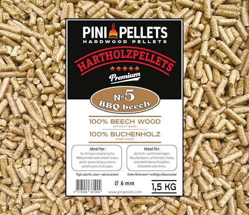 PINI Pellet di legno duro 100% Faggio № 5 BBQ Faggio 1,5 Kg Pellet per griglia, affumicatura, affumicatura e per forno per pizza