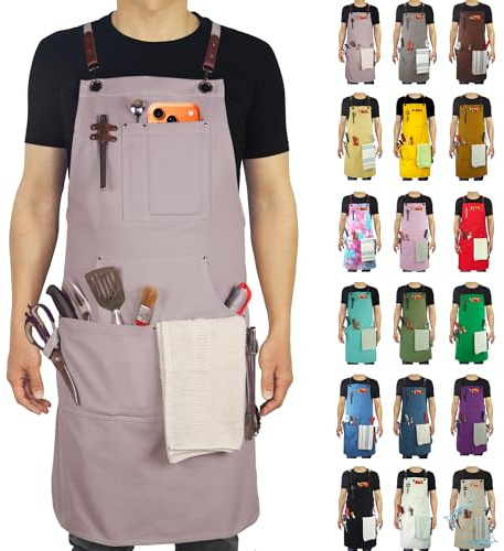 Stenffy Kitchen Apron, Work Apron, Multiple Pockets for Gardening, Artist, Painting, BBQ, Carpenter, Sizes M to XXL, Grey
