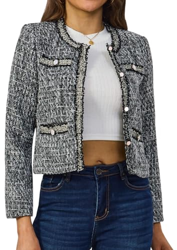 Xaspee Women's Tweed Blazers Cropped Long Sleeve Crewneck Open Front Lace Trim Lightweight Plaid Work Blazer Jackets (Black Grey White, S)