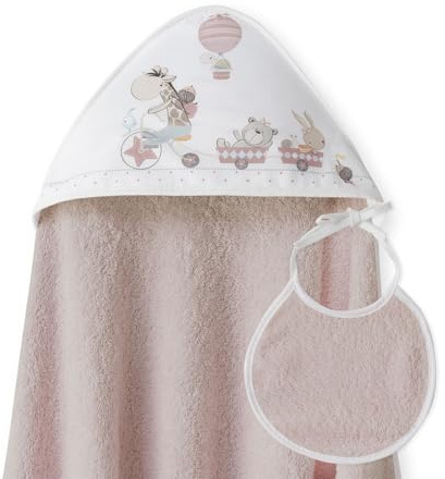Interbaby - Capa de Baño Bebe Rosa Maquillaje + Babero | Toalla Bebe con Capucha 100% Algodón, 100x100cm, Unisex | Suave, Cómoda, Ideal Recién Nacidos, Bebes y Niños Pequeños | Diseño Jirafa Bicicleta