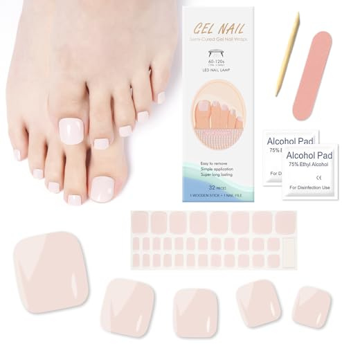 32PCS Autocollants de Vernis à Ongles d'Orteil Semi-durci, Couleur Unie Autocollants Ongles Pieds Couverture Complète Sticker Ongle Auto-adhésif, Bandes d'Ongle d'Orteil pour Femme Fille (Nude Rose)