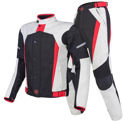 RCLONGEU Combinaison en Cuir de Moto pour Hommes Coude éPaule Dos Genou Protection Ventilation 4 Poches Panneaux RéFléChissants (Blanc,M)