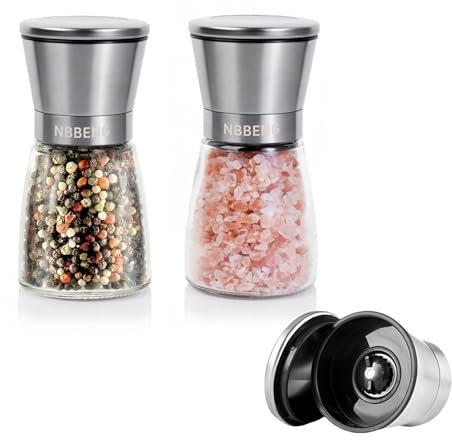 Salt and Pepper Grinder Set of 2, Manual Black Pepper Mill Refillable & Adjustable Coarseness, Stainless Steel Refillable Manual Spice Mill with Glass Bottle Container Easy to Use - Large Capacity