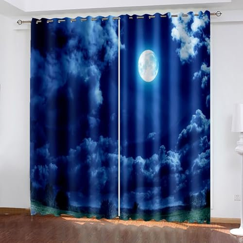 AMDXD Ösenvorhänge Blickdicht Blau, Mond Wolken Vorhänge Thermovorhänge, Thermovorhänge Kälteschutz Schallschutz 2er Set 132x274cm