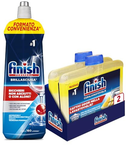 Finish Kit Additivi: 1 Confezione da 800 ml di Brillantante Lavastoviglie, Additivo Lavastoviglie per Stoviglie Splendenti e Asciutte, e 2 Confezioni da 250 ml di Cura Lavastoviglie al Limone