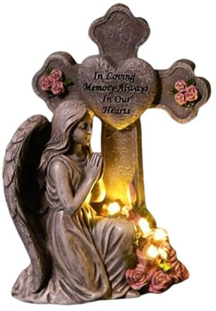 Bomefoi Statues de jardin pour l'extérieur, ange souvenir avec lumière chaude comme décoration funéraire, monument funéraire, pour jardin, pelouse et terrasse