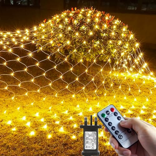 BSRANE Net Lights Outdoor, 200 LED 3m x 2m Net Lights Decorations, Plug in Waterproof String Lights with 8 Light Modes/Timer/Remote