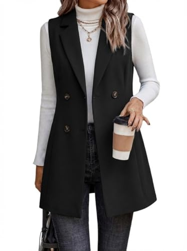 IDEALSANXUN Lange Weste für Damen, ärmellos, Tweed, Blazer, Herbstjacken, Strickjacke, Oberbekleidung, Pure Black, Medium