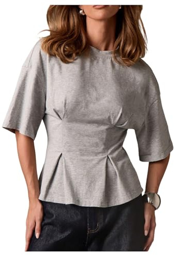 MakeMeChic Women's Ruffle Peplum Tops Going Out Short Sleeve Summer T Shirt Blouse Grey Medium
