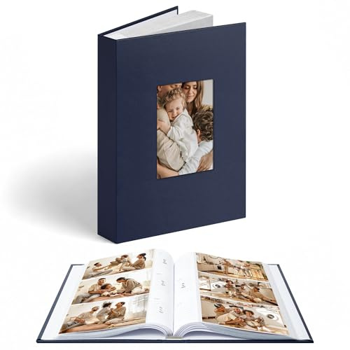 Vienrose Album Fotografico 6x4, Copertina in Ecopelle con Finestra e Spazio per Scrivere 300 Tasche a Inserto, Regalo per Matrimonio, Anniversario, Battesimo, Libro Ricordi Foto di Famiglia Blu Marino