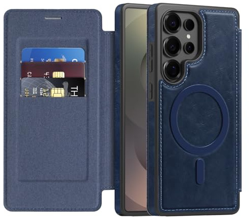 QIWEIQING Magnetfodral för Samsung Galaxy S26 Ultra Kompatibelt med MagSafe, PU-läder plånboksfodral med RFID-blockering Kreditkortshållare Bokfodral för Samsung Galaxy S26 Ultra. Blå LDX