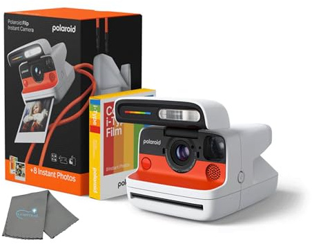 Polaroid Flip Instant Camera + Color Film Bundle (8 Photos Included) - White - Hyperfocal 4-Lens System, Sonar Autofocus, and Scene Analysis, Bluetooth Companion App, with Lens Cleaning Cloth