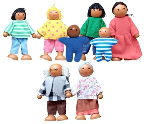 Generiskt dockhusfigurset – 8-delade böjdockor familj | miniatyr trädockor leksaker – handgjorda små människor av trä och tyg för fantasifullt rollspel i dagis.