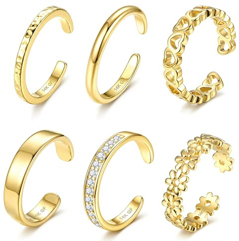 Adramata 6 Pcs Anillo Pie de Mujer Oro Relleno 14K Ajustable Abierto Pie Dedo Anillos Juego Lindo CZ Flor Corazón Simple Dedo Cola Anillos Joyería de Pie de Playa de Verano Oro Plata