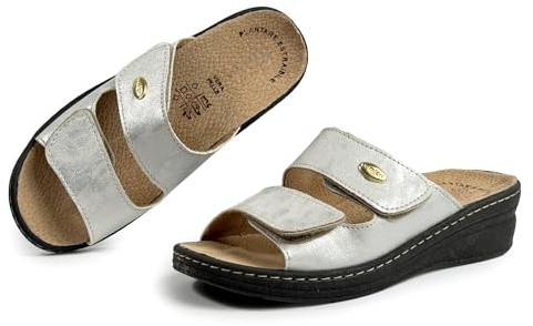 JOMIX Zapatillas de Mujer Mayor Cómodas, Pantuflas de Verano con Cierre Ajustable y Plantilla Extraíble de Piel Sandalias Anatómico Ergonómico con Cuña para Pies Sensibles Plateado 39