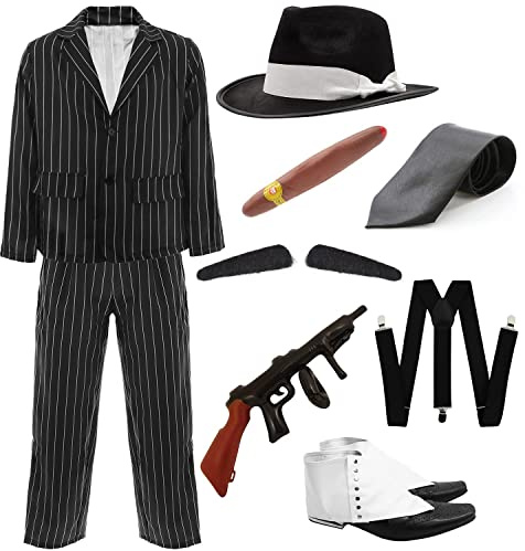 Adults Deluxe Gangster Costume – XL - Black and White Gangster Pinstripe Suit Jacket and Trousers, Black Fedora, Inflatable Tommy Gun, Braces, Fake Cigar, Spats Shoe Covers, Spiv Tash, Black Tie – 1920's Fancy Dress Costume