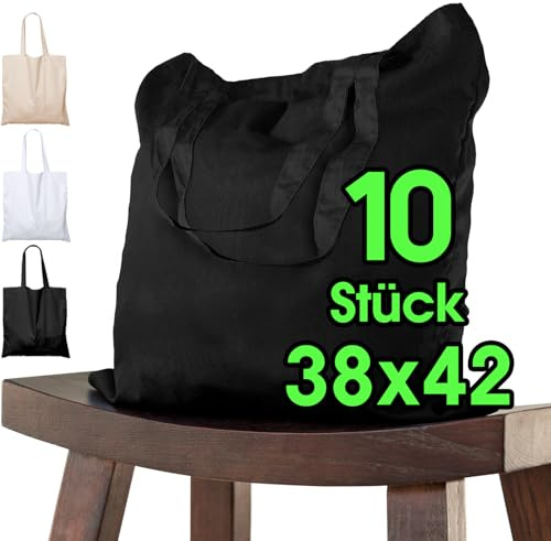 ELES VIDA Bolsa de algodón para pintar 38x42-10 piezas negro para niños con asa CORTA - sin imprimir certificado OEKO-TEX® - bolsa de tela, bolsa de transporte, bolsa de compras de 140g / m de grosor
