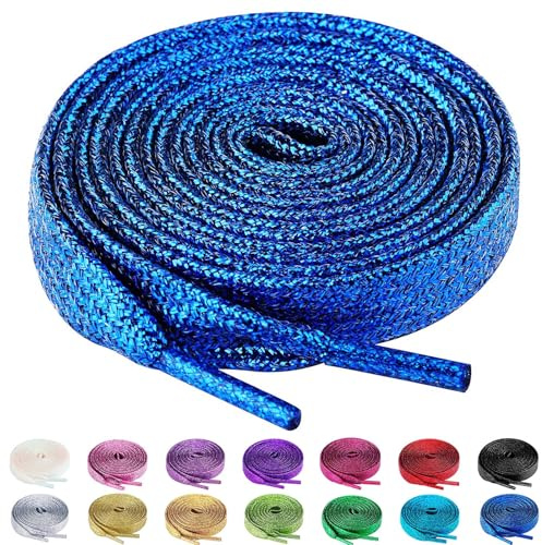 Olukssck 2 Paia Lacci Piatti Glitter Metallici Premium, Stringhe Scarpe Sportive, Lacci per Sneakers Resistenti, Lunghezza 80-100 - 120-140 - 160 cm, Larghezza 10 mm, Blu, 160cm