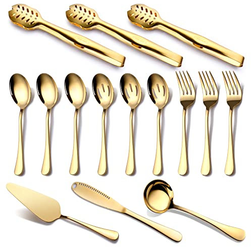 OGORI Gold Serving Utensils, 15-Piece Stainless Steel Gold Serving Utensils Set Include Serving Spoons, Slotted Serving Spoons, Serving Tongs, Serving Forks, Butter Knife, Soup Ladle, Pie Server