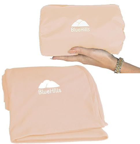 BlueHills Ultra Compact Travel Blanket Pillow for Airplane Traveling Essential Long Flight Trip Throw in Bag Portable Case Large Plane Accessories Beige - C007