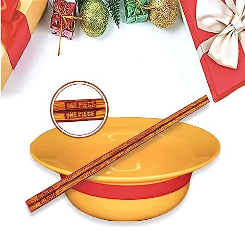 Franna One Piece Merch Ramen Soup Bowl Set Luffy and Straw Hat Ceramic Bowl with Sticks for Noodles, Rice, Salad - Great Anime Gift for Friends
