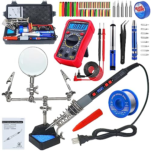 KEPIOG Soldering Iron Kit, 80W Electric Solder iron, Adjustable Temperature (180°C- 500°C）, With Multimeter, Magnifier Welding Helping Hand, Heat shrink tubing, Solder Wire, Desoldering pump.