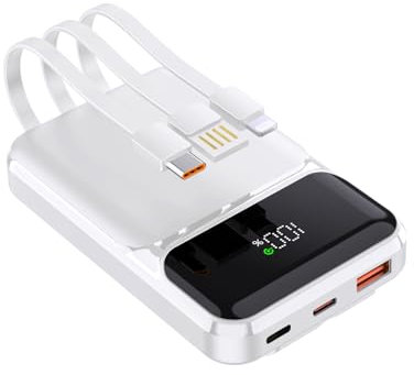 Powerbank 10000mAh PD 22,5 W QC 4.0 Carga rápida salidas USB-C con cables de carga rápida integrados Cargador portátil compatible con iPhone Samsung Google Pixel LG (blanco)