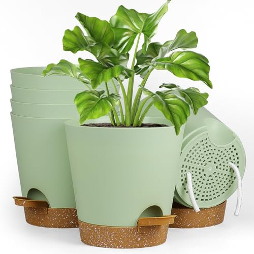 Homeuouz 6 confezioni di vasi da fiori autoirriganti, 12,7 cm, con sistema di irrigazione, vaso con sottovaso marrone, set di vasi per fiori, ideale per interni e giardini del balcone, verde