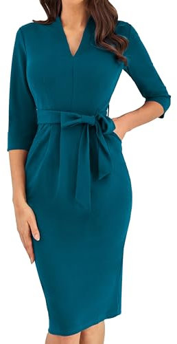 GRACE KARIN Vintage Bodycon Pencil Work Dress for Women 3/4 Sleeve Evening Formal Sheath V-Neck Dress Peacock Blue M