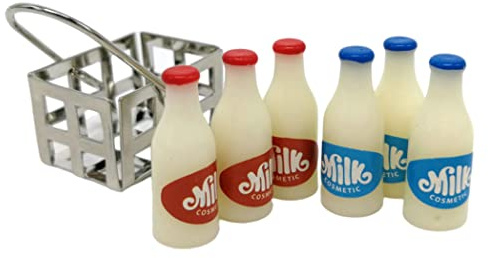 HoveeLuty Miniature Milk Bottle Set with Basket - Realistic, Detailed, Aesthetically Pleasing - Silver, White, Red, Blue - Dollhouse Kitchen Accessory Set - Resin, Metal - 1:24 Scale - Adult