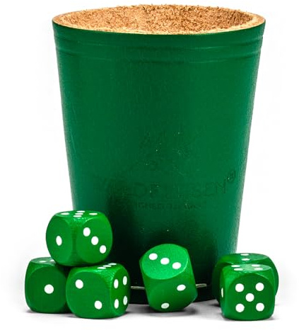 Waldfelsen® Gobelet à dés en Cuir Véritable (9 cm) avec 6 cubes en bois (16 mm) en bois de hêtre Tasses en Cuir Set de dés pour les yeux Cube de jeu (Couleur : Vert)